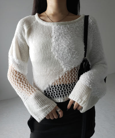【 ２color 】異素材ドッキングスカシアミニットトップス ／ mixed material docking openwork knit tops