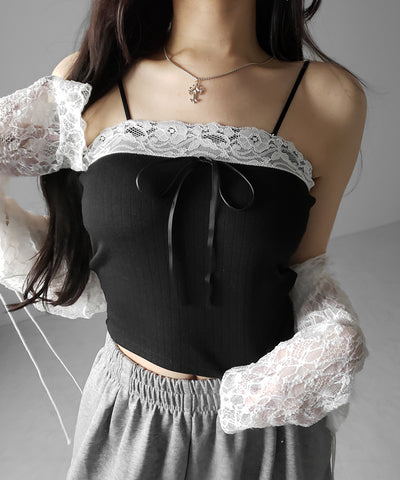 フロントリボンレースショートキャミソール ／ front ribbon lace short camisole