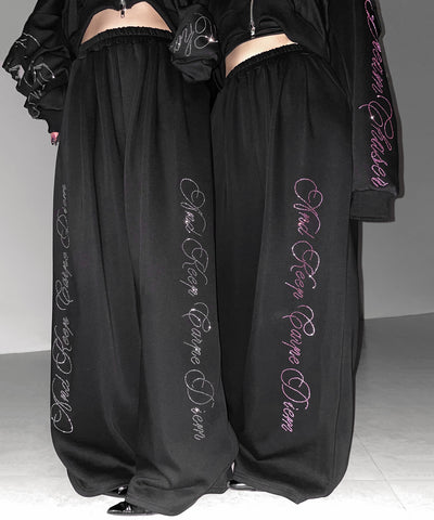 【 セットアップ可能 】ラインストーンロゴワイドスウェットパンツ ／ Rhine stone logo wide sweatpants