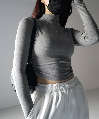 【 カップ付き ／ 裏起毛 】プチハイネックシャーリングショートカットソートップス