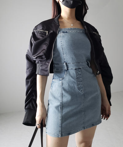 【 ２color 】ウォッシュデニムハイウエストミニキャミワンピース ／ wash denim high waist mini cami onepiece