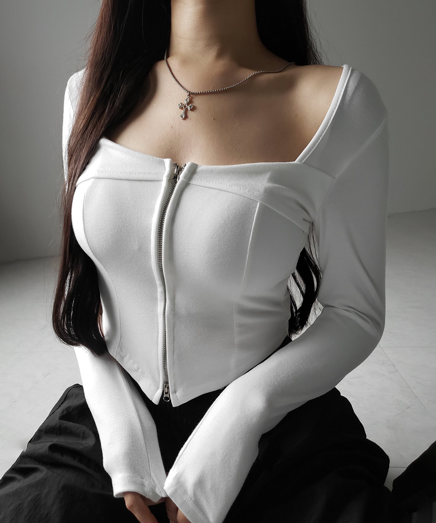 【 ２color 】ダブルジップコルセットスクエアネックロンＴ ／ double zip corset square neck longsleeve T-Shirt