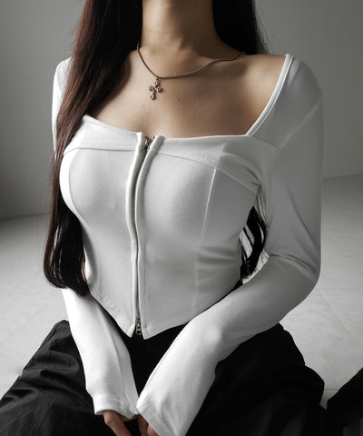 【 ２color 】ダブルジップコルセットスクエアネックロンＴ ／ double zip corset square neck longsleeve T-Shirt