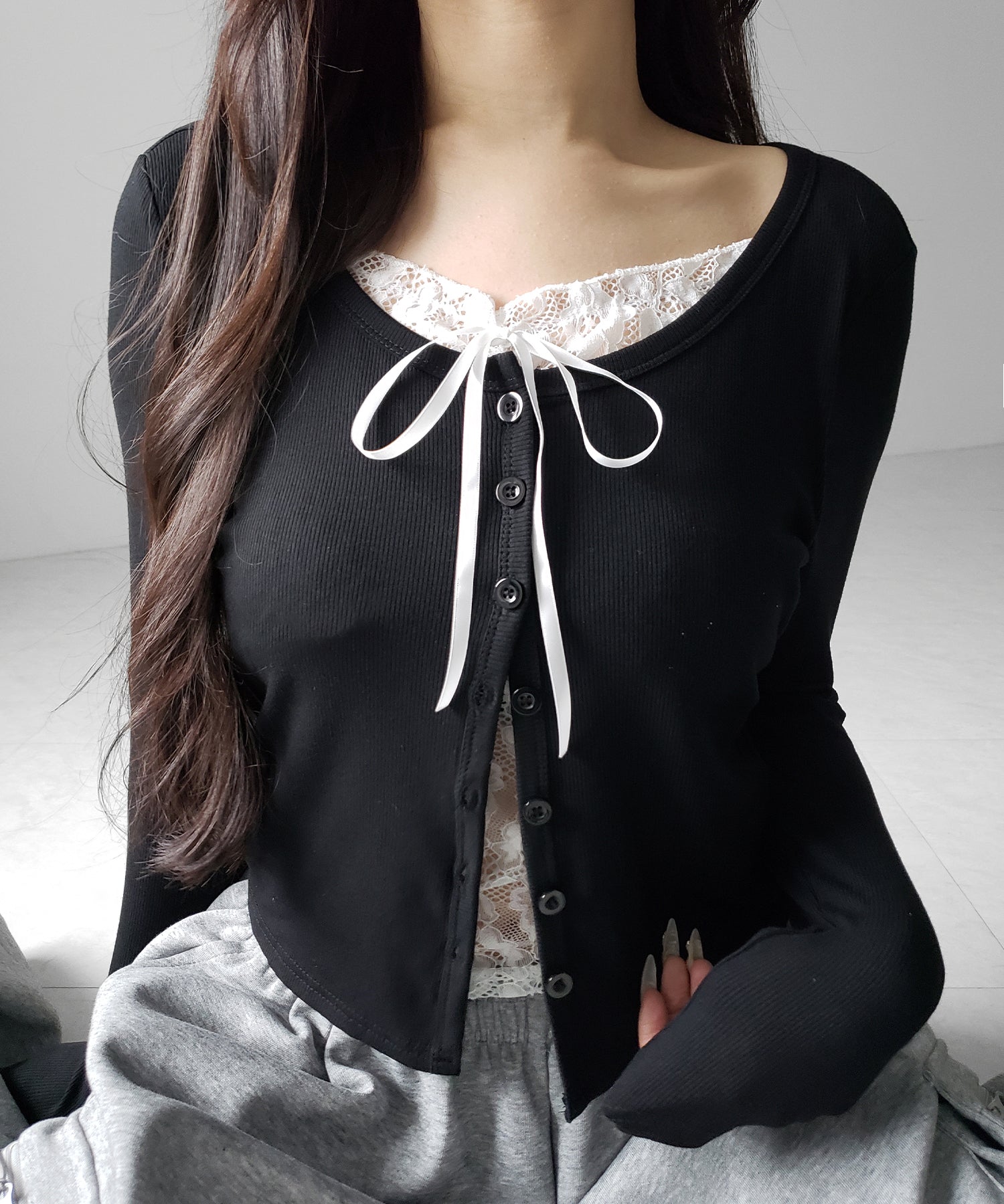 フロントリボンレースレイヤード長袖リブカーディガン ／front ribbon lace layered long-sleeve rib cardigan