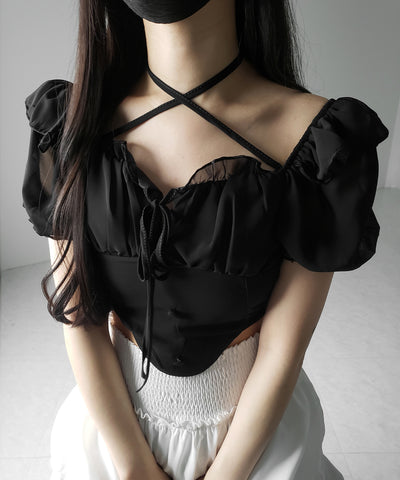 【 ２color ／ ２WAY 】フロントリボンクロスネック半袖シフォンブラウス ／ front ribbon cross neck short sleeve chiffon blouse