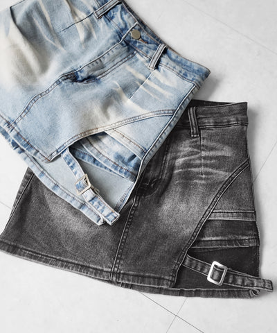 【 インパン裏地付 】カットアウトベルトストラップデニムミニスカパン ／ cutout belt strap denim mini skirt pants