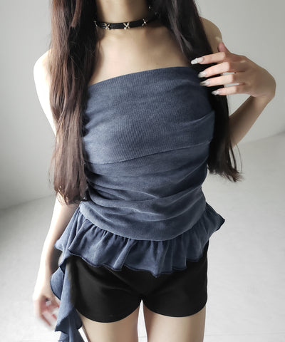 【 ２color 】ヴィンテージピグメントフリルベアトップス ／ vintage pigment frill bare tops