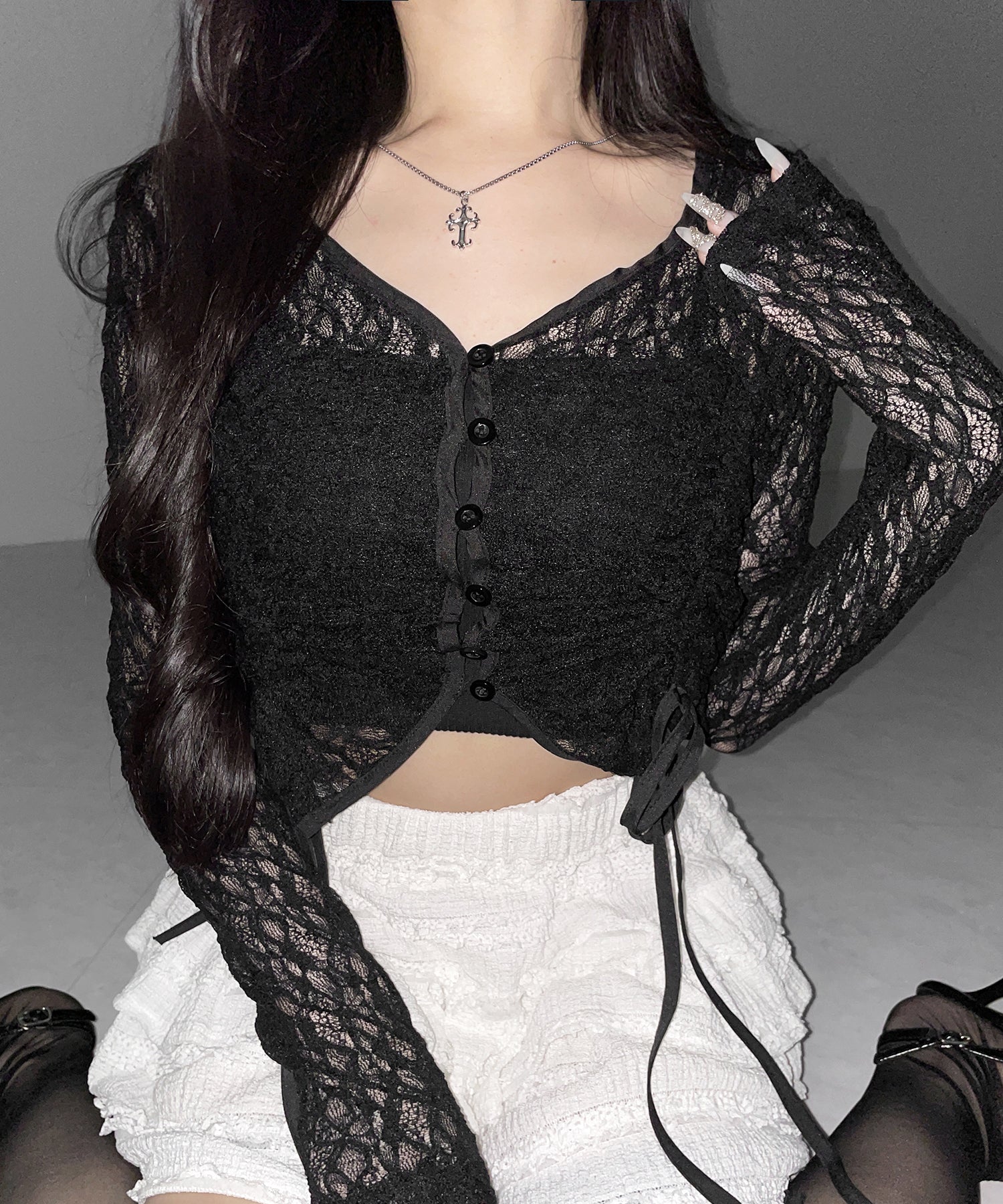 ダブルシャーリングショートレースカーディガン ／ double shirring short lace cardigan
