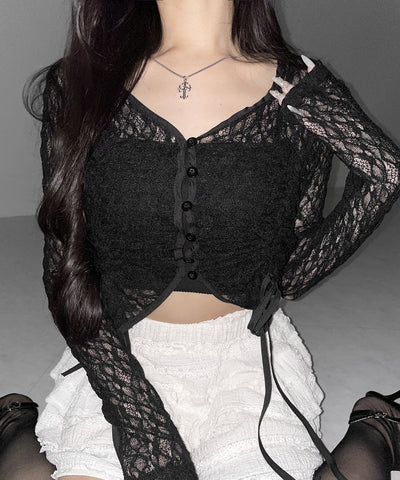 ダブルシャーリングショートレースカーディガン ／ double shirring short lace cardigan