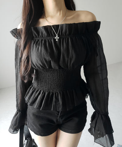 【 ２color ／ ２WAY 】ウエストシャーリングシアーフリルオフショルブラウス ／ waist shirring sheer frill off shoulder blouse