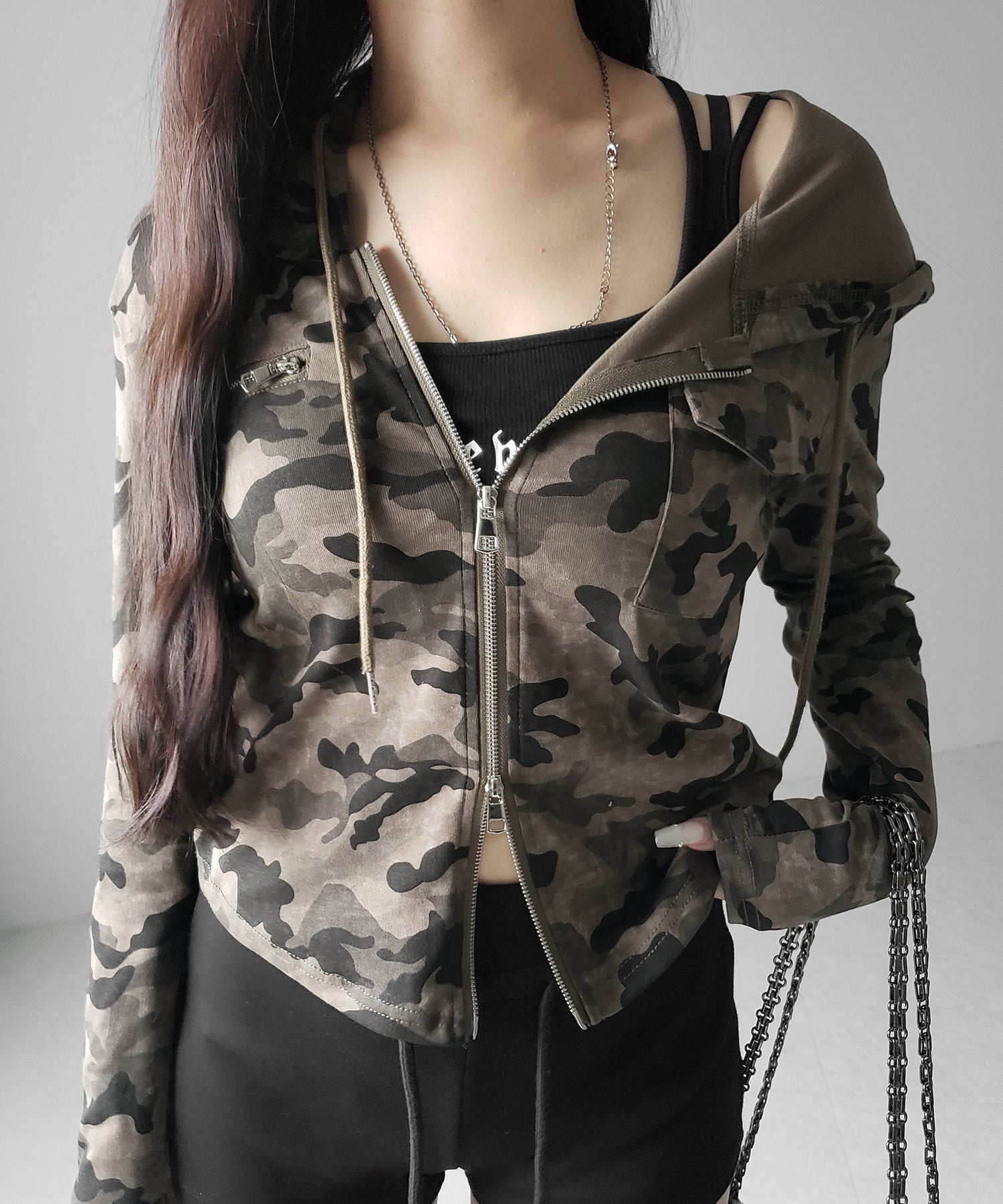 ヴィンテージカモフラダブルジップカットパーカー ／ vintage camouflage double zip cut hoodie