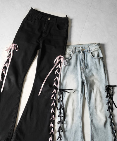 サテンリボンレースアップカットアウトストレッチフレアデニム ／ satin ribbon laceup cutout stretch flare denim