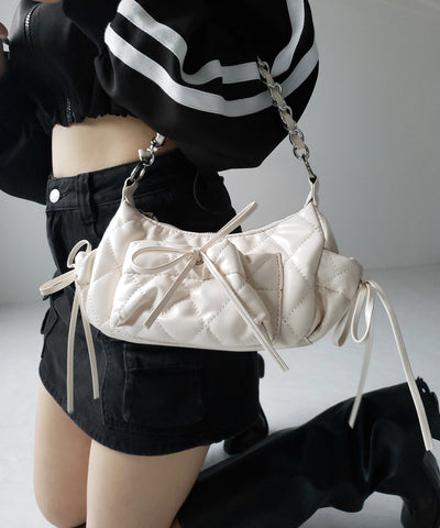 【 ３color ／２WAY 】ストラップリボンキルティングチェーンショルダーバッグ ／ strap ribbon quilted chain shoulder bag