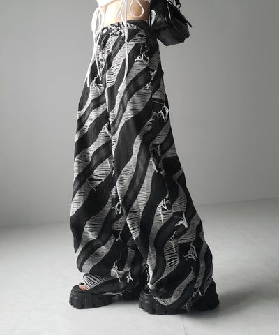 【 ２color ／ ４size 】バイカラーカットフリンジダメージワイドデニム ／ bicolor cut fringe damaged wide denim