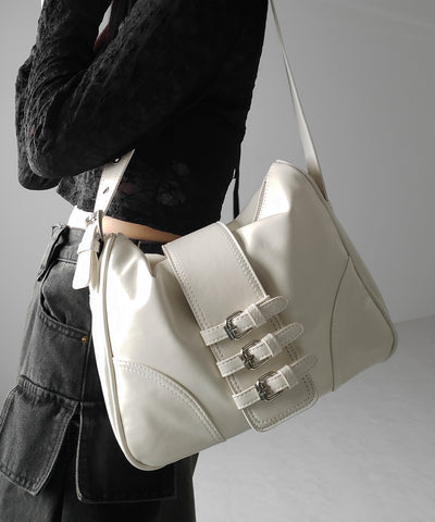 【 ３color 】ベルテッドフェイクレザーショルダーバッグ ／ belted fake leather shoulder bag