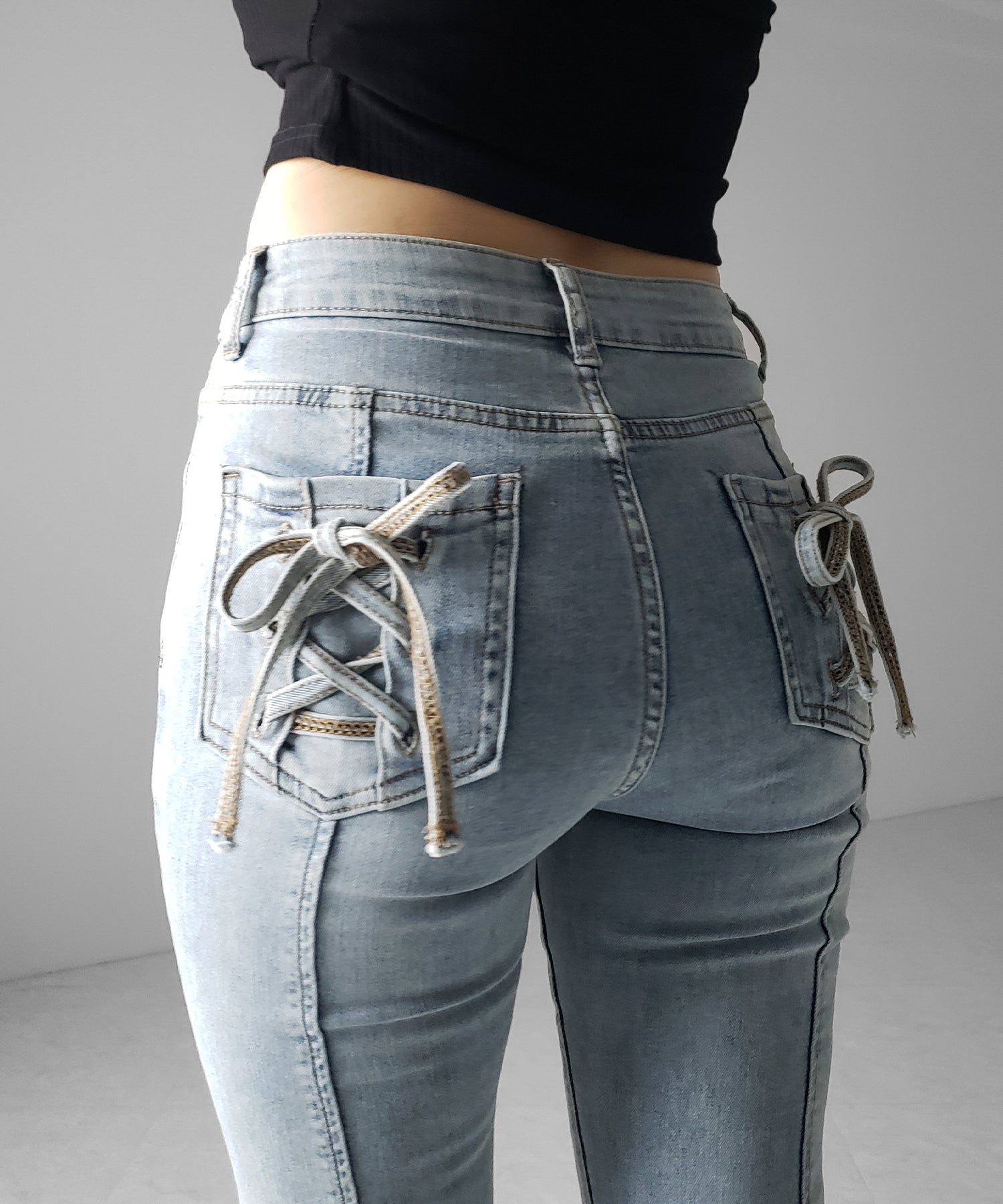 【４size 】バックリボンレースアップ美脚ストレッチフレアデニム ／ back ribbon lace up slim leg stretch flare denim