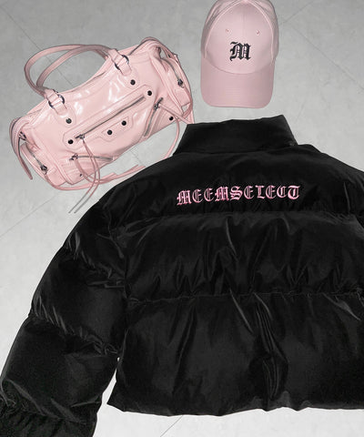 【 新色ピンクが追加！ 】グランジロゴ刺繍ショートパフ中綿ジャケット ／ grunge logo embroidery short puff fake down jacket