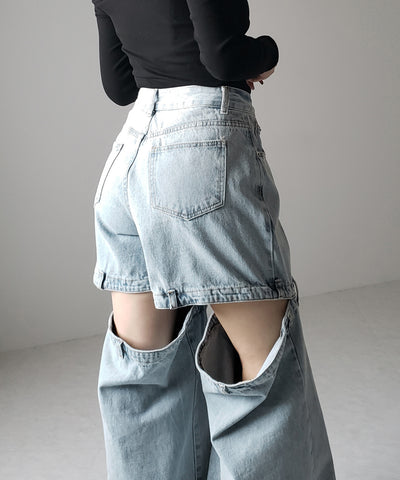 【 選べる３サイズ 】バックオープンカットアウトウォッシュワイドデニム ／ Back open cutout washed wide denim