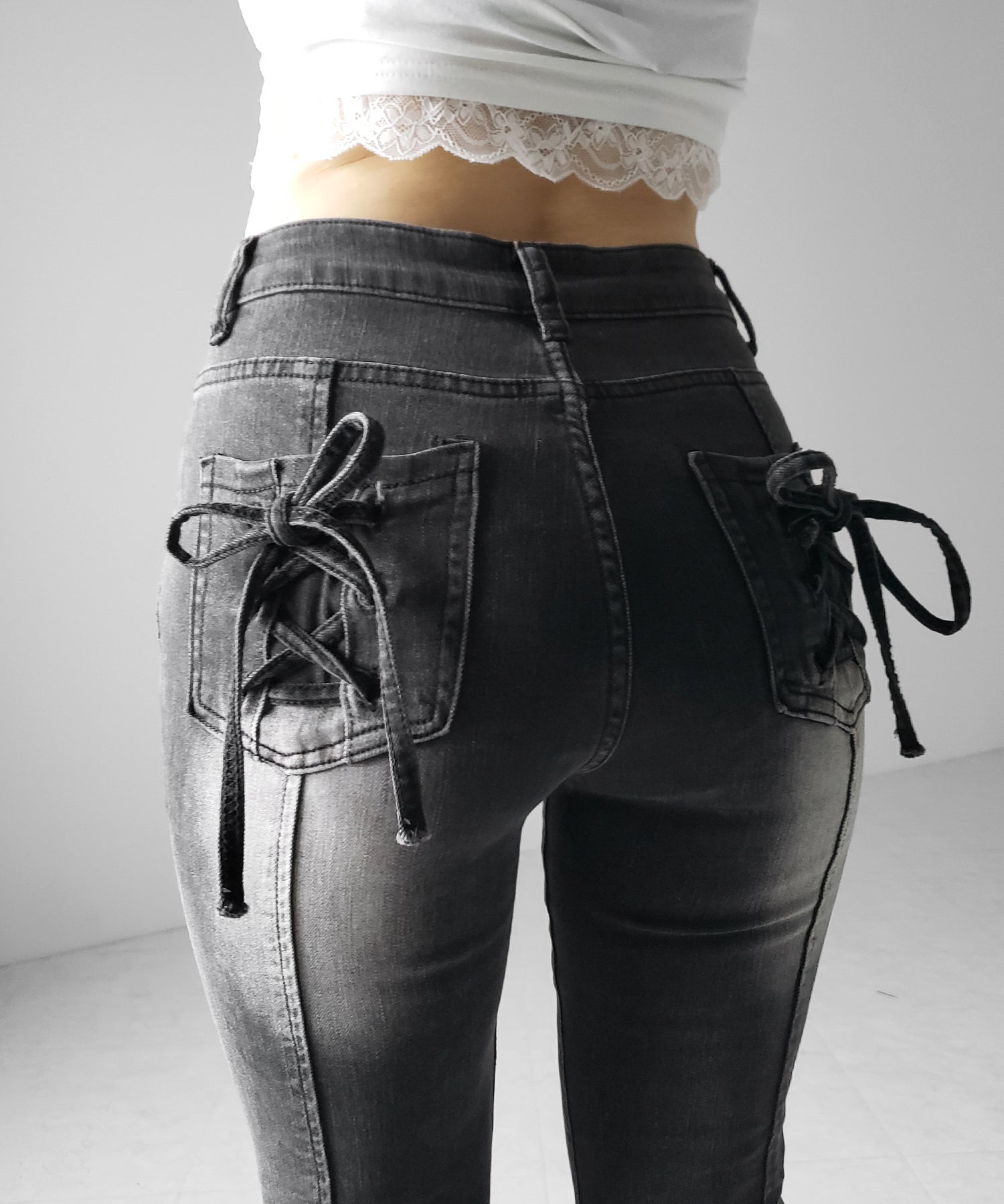 【４size 】バックリボンレースアップ美脚ストレッチフレアデニム ／ back ribbon lace up slim leg stretch flare denim