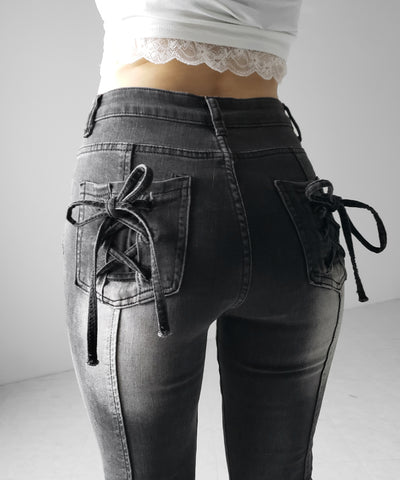 【４size 】バックリボンレースアップ美脚ストレッチフレアデニム ／ back ribbon lace up slim leg stretch flare denim