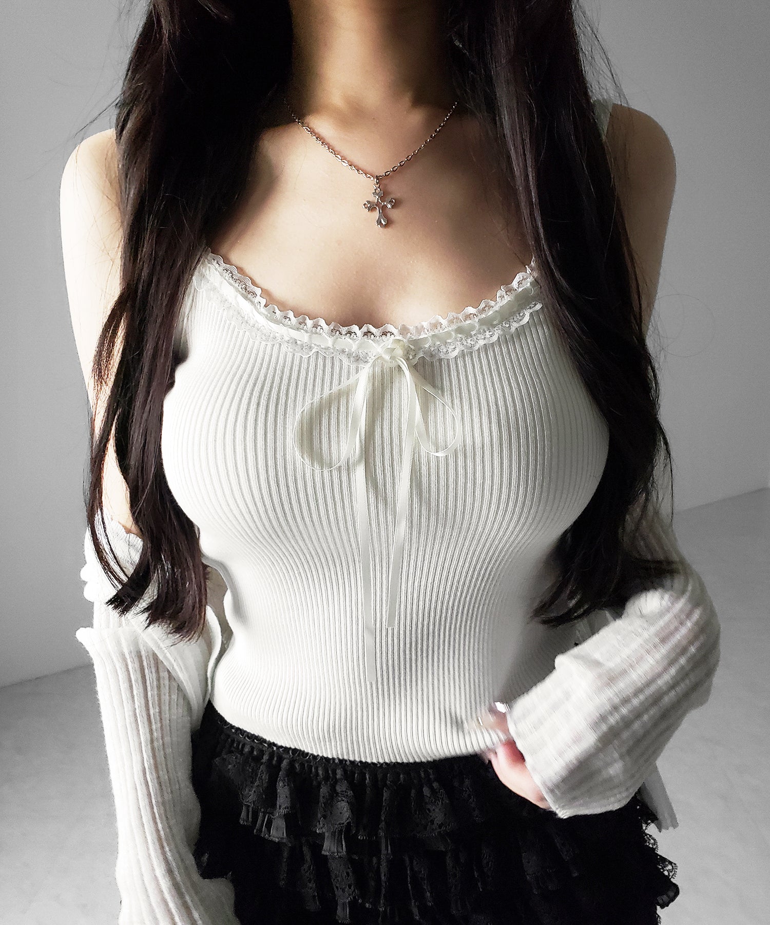 【 ２点セット 】レースリボンニットキャミソール ＋ シアーリブニットカーディガン ／ lace ribbon knit camisole ＋ sheer lib knit cardigan