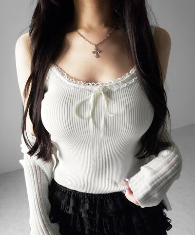 【 ２点セット 】レースリボンニットキャミソール ＋ シアーリブニットカーディガン ／ lace ribbon knit camisole ＋ sheer lib knit cardigan