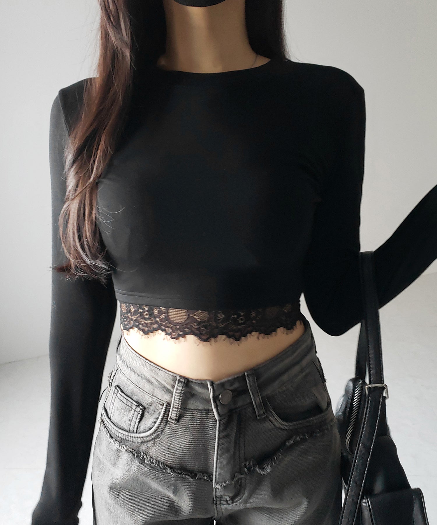 【 裏起毛 】裾レースドッキングショートＴシャツ ／ hem lace docking short Tee