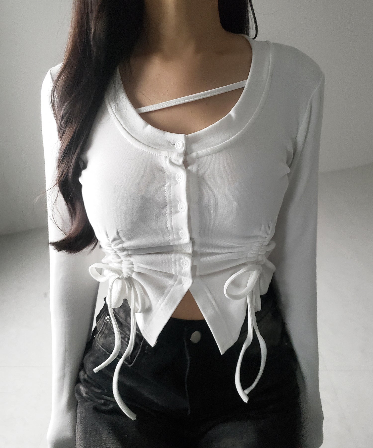 【 ２color ／ 裏起毛 】ナナメストラップダブルシャーリングリボントップス ／ naname strap double shirring ribbon tops