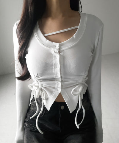 【 ２color ／ 裏起毛 】ナナメストラップダブルシャーリングリボントップス ／ naname strap double shirring ribbon tops
