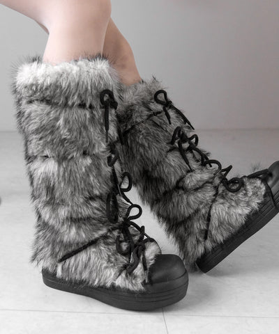 ボリュームフェイクファーレースアップロングブーツ ／ volume fake fur laceup long boots