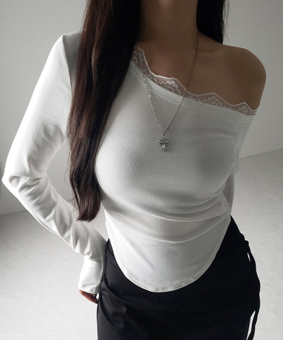 【 ２color 】ワンショルダーレースポイントスリムカットソートップス ／ one shoulder lace point slim cutsew tops