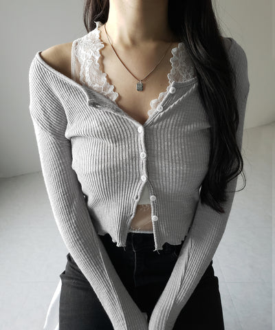 【 ２点セット 】レイヤードレースシアーリブカットソーカーディガン ／ layered lace sheer rib cut and sew cardigan