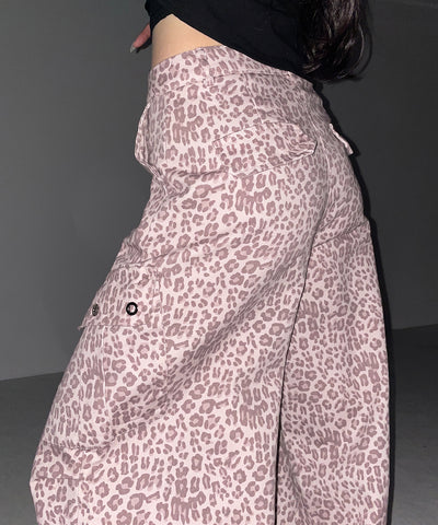 ヴィンテージライクピンクレオパードバレルカーゴパンツ ／ vintage like pink leopard barrel cargo pants