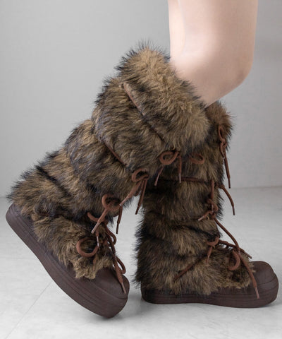 ボリュームフェイクファーレースアップロングブーツ ／ volume fake fur laceup long boots