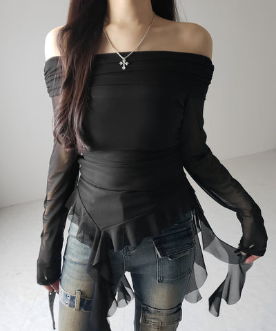 【 ２color 】アシンメトリーフリルオフショルシアートップス ／ asymmetrical frill off-shoulder sheer tops