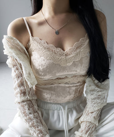 【 カップ付き 】ダブルレースベロアショートビスチェキャミソール ／ double lace velor short bustier camisole
