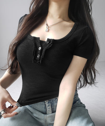 スクエアヘンリーネック半袖ピチＴシャツ ／square henley neck short sleeve pichi T-Shirt