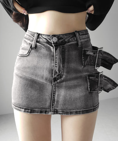【 インパン裏地付 】ダブルハトメベルトヴィンテージデニムミニスカート ／ Double eyelet belt vintage denim mini skirt