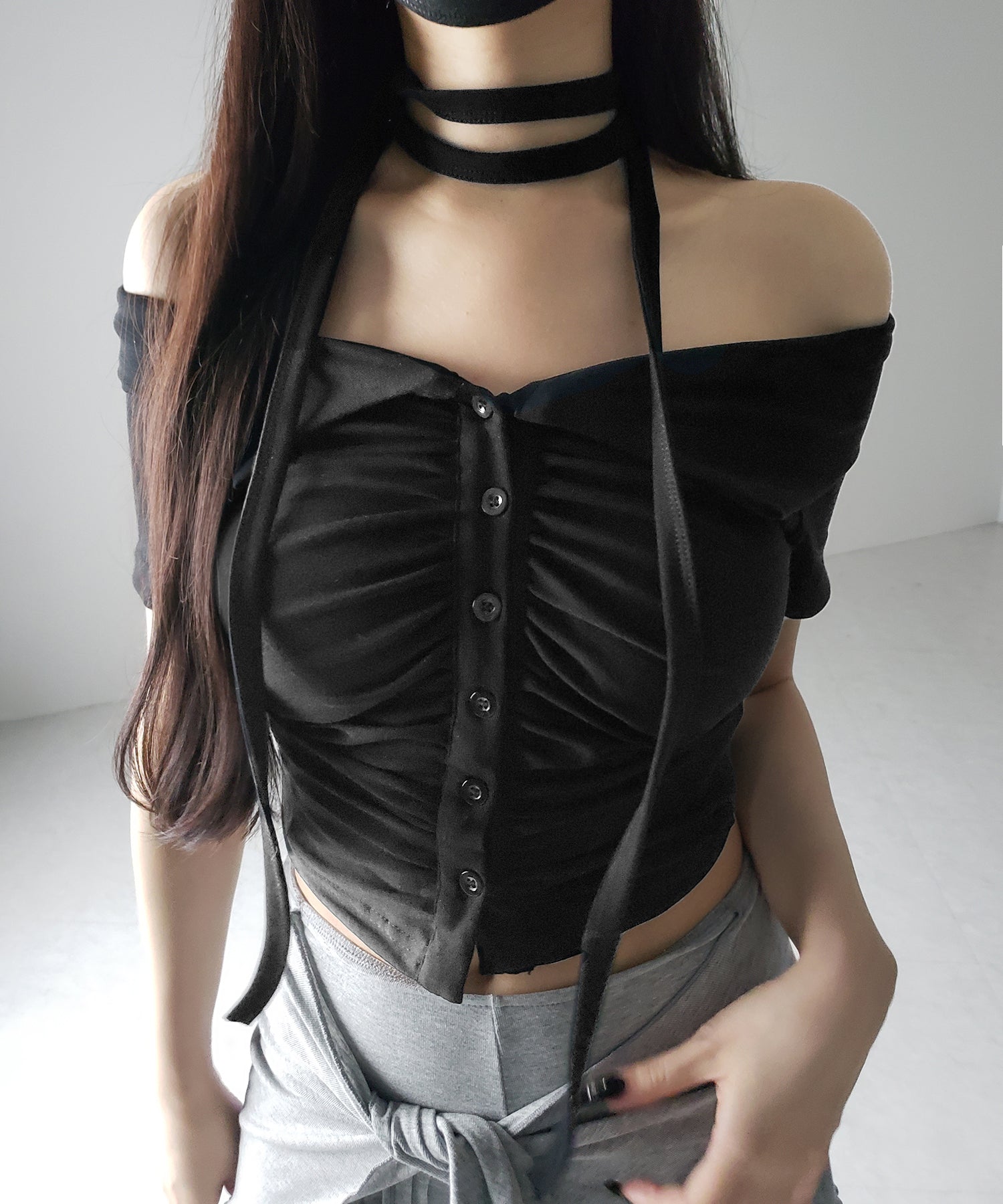 【 ３color 】チョーカーロングタイ付き　オフショルダータックギャザーＴシャツ ／ choker long tie SET offshoulder tuck gather slim T-shirt