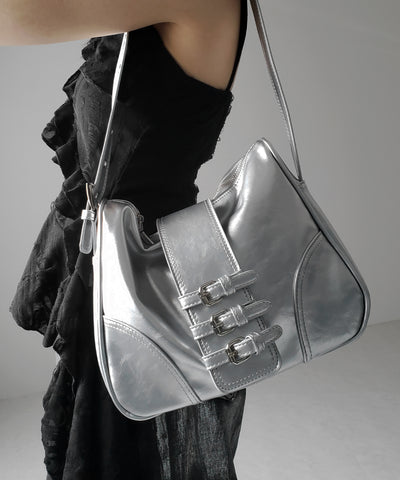 【 ３color 】ベルテッドフェイクレザーショルダーバッグ ／ belted fake leather shoulder bag