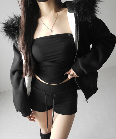 【 セットアップ 】裏起毛ファーフードオーバージップパーカー＆スウェットショートパンツ ／ Urakimo fur over zip hoodie ＆ sweat short pants SETUP