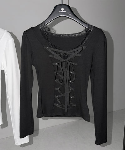 【 クロスネックにできる２WAY 】フロントリボンレースアップスリムカットソートップス ／ 2WAY front ribbon lace up slim cutsew tops