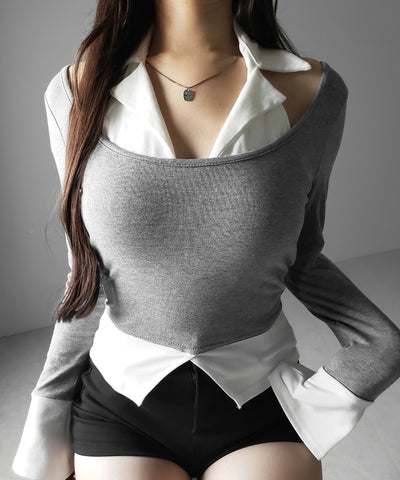 カットアウトフェイクレイヤード長袖Ｔシャツ ／ shirts like cutout fake layered long sleeve T-Shirt
