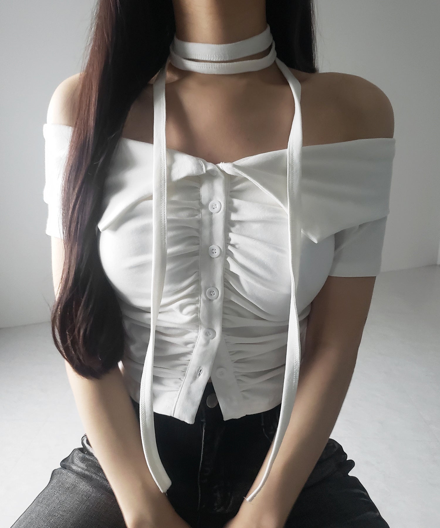 【 ３color 】チョーカーロングタイ付き　オフショルダータックギャザーＴシャツ ／ choker long tie SET offshoulder tuck gather slim T-shirt