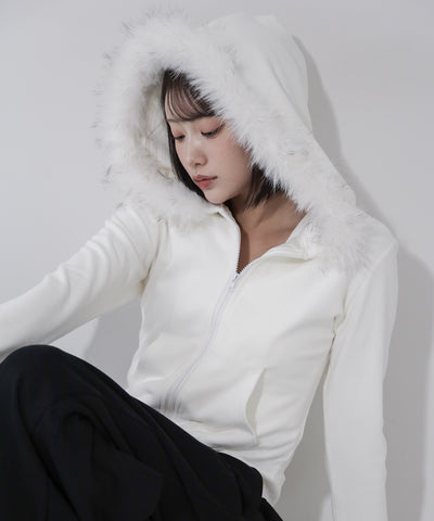 フェイクファーフーディジップアップパーカー ／ fake fur hooded zipup hoodie
