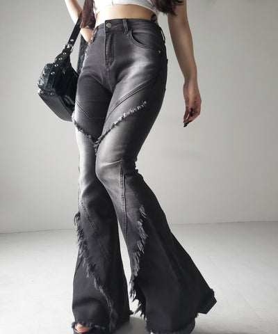 【 ２color ／ ４size 】フリンジデザインヴィンテージライクストレッチフレアデニム ／ fringe design vintage-like stretch flare denim