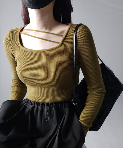 【 ３color 】２ストラップスクエアネックリブニット