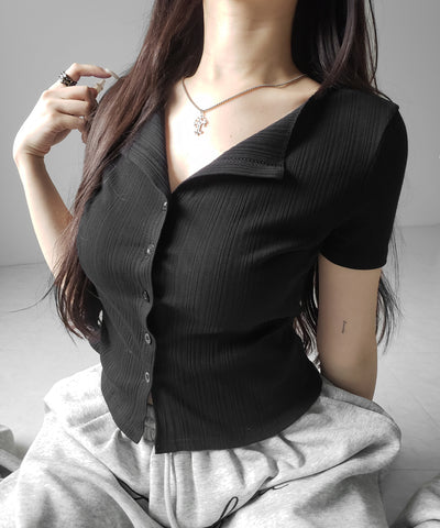フロントボタン半袖リブカーデトップス ／ front button short sleeve lib cardigan tops