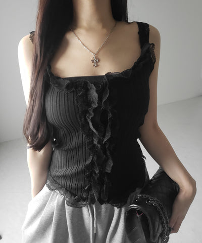 【 ２color 】レースフリルドッキングリブニットキャミタンク ／ lace frill docking lib knit cami tank