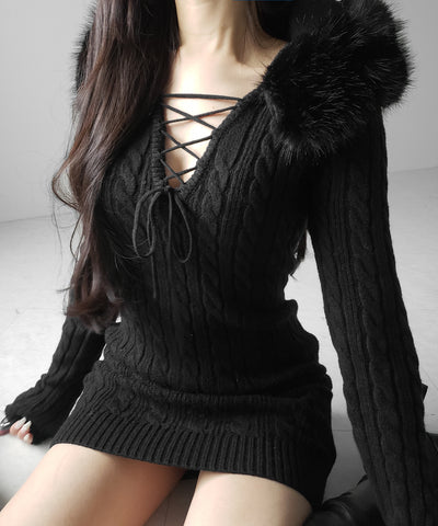 ファーフーディレースアップレディニットミニワンピース ／ fur hoodie lace up lady knit mini onepiece
